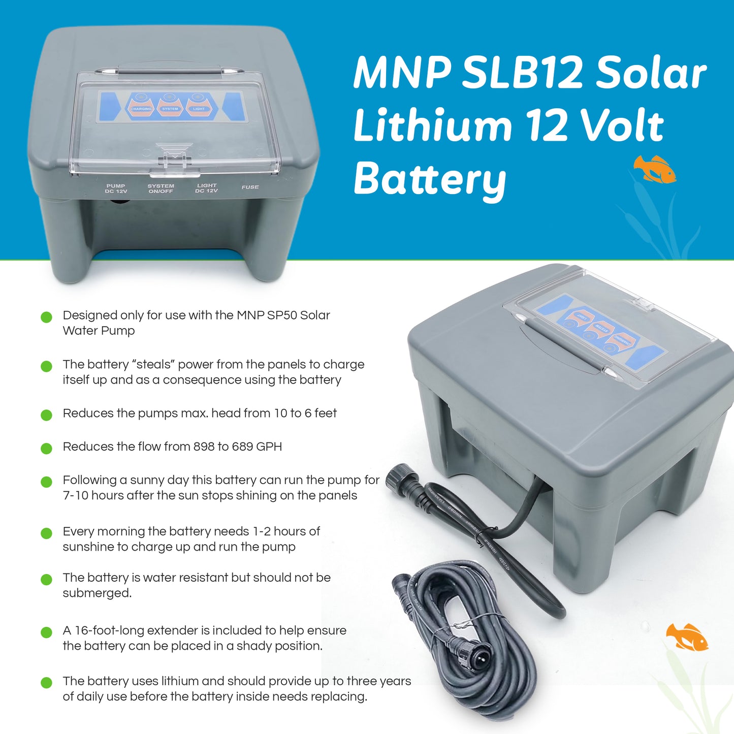 MNP SB12 Solar Powered Pond Pump Backup Battery